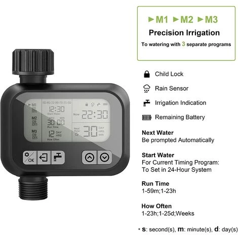 HIASDFLS Minuterie D'Eau, Minuterie D'Arrosage Automatique, Minuterie D'Irrigation Pour Jardin, 3 Programmes Flexibles, Étanche Ip65, Anti Fuite, Contrôle Manuel, Verrouillage Enfant Fonction, Noir 7 HIASDFLS Minuterie D'Eau, Minuterie D'Arrosage Automatique, Minuterie D'Irrigation Pour Jardin, 3 Programmes Flexibles, Étanche Ip65, Anti Fuite, Contrôle Manuel, Verrouillage Enfant Fonction, Noir – Image 5