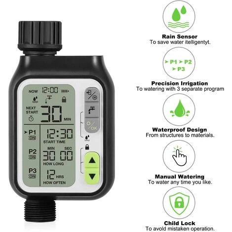 BEARSU Minuterie Arrosage Automatique, Programmateur Arrosage, 3 Programmes D'Irrigation Séparés, Capteur De Pluie, Imperméable, Modes Multiples, 2 Piles, Irrigation Pour Jardin 7 BEARSU Minuterie Arrosage Automatique, Programmateur Arrosage, 3 Programmes D'Irrigation Séparés, Capteur De Pluie, Imperméable, Modes Multiples, 2 Piles, Irrigation Pour Jardin – Image 5