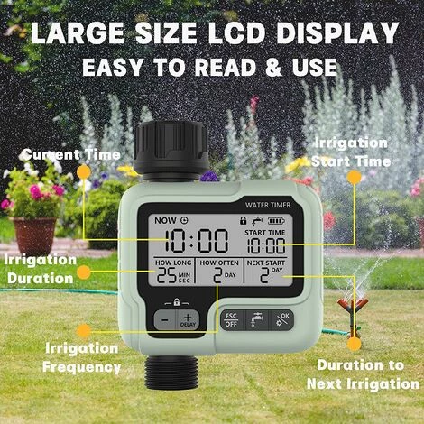 CHANCEY Programmateur Arrosage SEMAket Minuterie Irrigation IPX5 Imperméable Arroseur Automatique Manuel Avec Grand Écran LCD Facile Installation Pour Balcon Jardin Parterre Ferme Extérieur 4 CHANCEY Programmateur Arrosage SEMAket Minuterie Irrigation IPX5 Imperméable Arroseur Automatique Manuel Avec Grand Écran LCD Facile Installation Pour Balcon Jardin Parterre Ferme Extérieur – Image 2